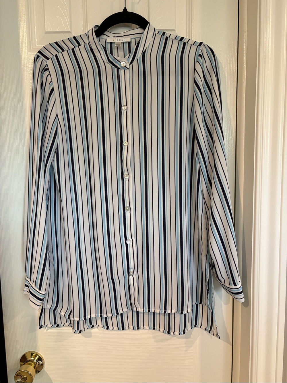 Striped Band-Collar Button-Down Blouse in White & Blue